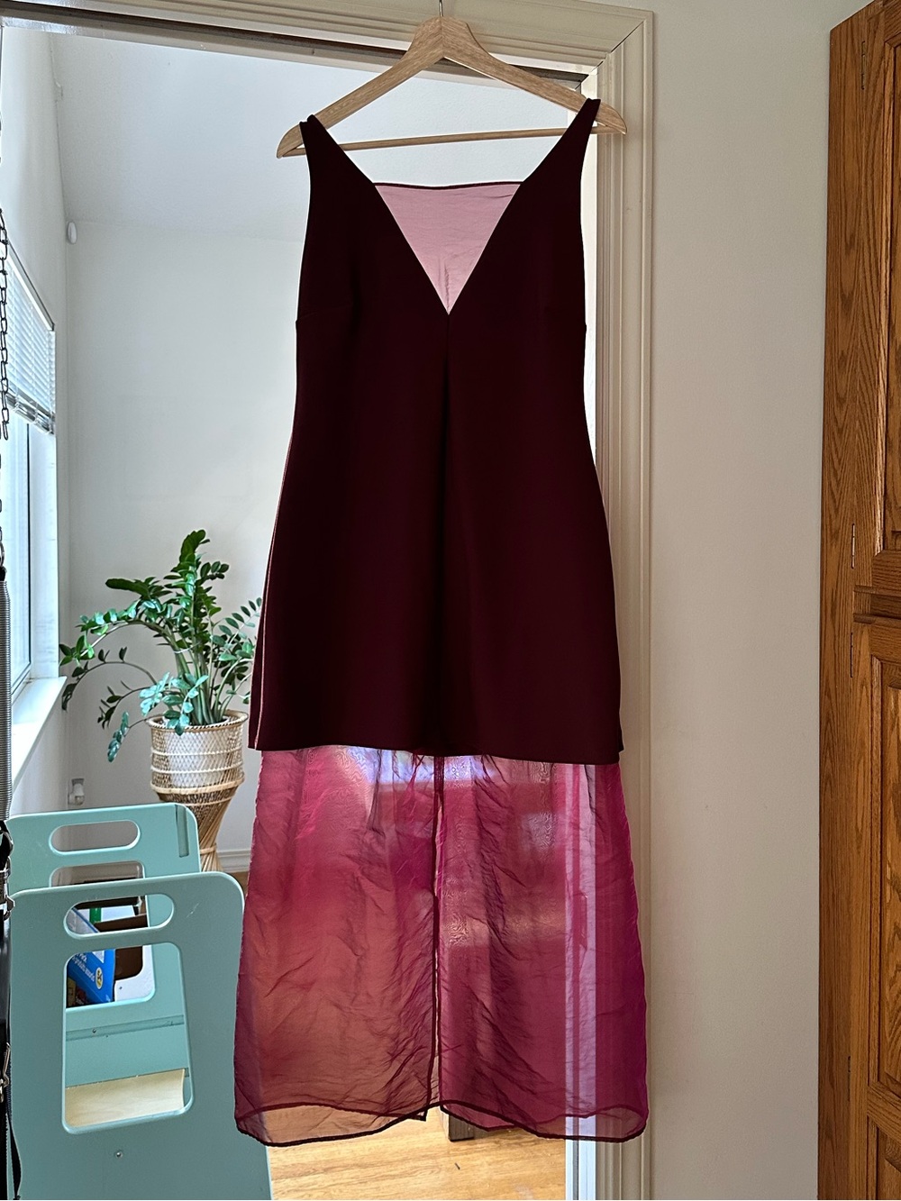 Abercrombie & Fitch V-Neck Sheer Midi Dress – Deep Wine/Burgundy – Size L